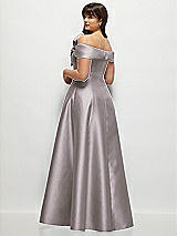 Rear View Thumbnail - Cashmere Gray Asymmetrical Bow Off-Shoulder Satin Gown with Ballroom Skirt