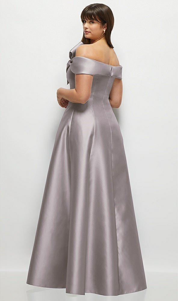 Back View - Cashmere Gray Asymmetrical Bow Off-Shoulder Satin Gown with Ballroom Skirt