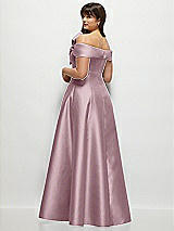 Rear View Thumbnail - Dusty Rose Asymmetrical Bow Off-Shoulder Satin Gown with Ballroom Skirt