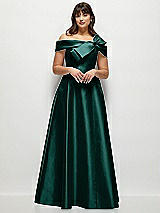 Front View Thumbnail - Evergreen Asymmetrical Bow Off-Shoulder Satin Gown with Ballroom Skirt