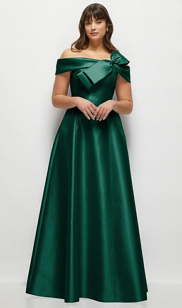 Front View - Hunter Green Asymmetrical Bow Off-Shoulder Satin Gown with Ballroom Skirt