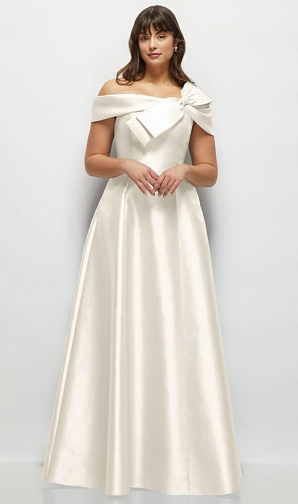 Front View - Ivory Asymmetrical Bow Off-Shoulder Satin Gown with Ballroom Skirt