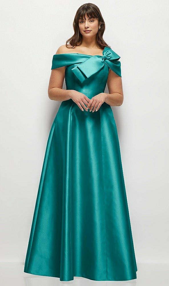 Front View - Jade Asymmetrical Bow Off-Shoulder Satin Gown with Ballroom Skirt