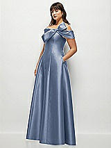 Side View Thumbnail - Larkspur Blue Asymmetrical Bow Off-Shoulder Satin Gown with Ballroom Skirt