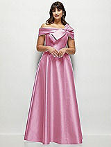 Front View Thumbnail - Powder Pink Asymmetrical Bow Off-Shoulder Satin Gown with Ballroom Skirt