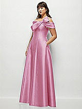 Side View Thumbnail - Powder Pink Asymmetrical Bow Off-Shoulder Satin Gown with Ballroom Skirt