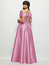 Rear View Thumbnail - Powder Pink Asymmetrical Bow Off-Shoulder Satin Gown with Ballroom Skirt