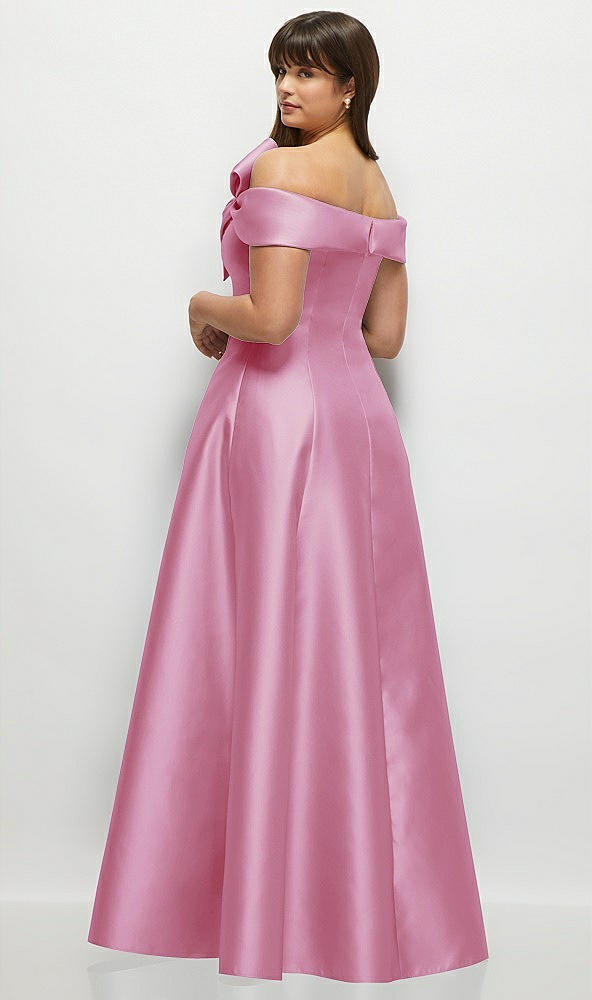 Back View - Powder Pink Asymmetrical Bow Off-Shoulder Satin Gown with Ballroom Skirt