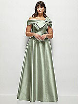 Front View Thumbnail - Sage Asymmetrical Bow Off-Shoulder Satin Gown with Ballroom Skirt