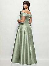 Rear View Thumbnail - Sage Asymmetrical Bow Off-Shoulder Satin Gown with Ballroom Skirt