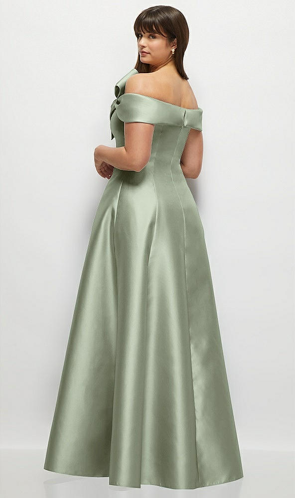 Back View - Sage Asymmetrical Bow Off-Shoulder Satin Gown with Ballroom Skirt