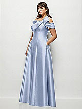 Side View Thumbnail - Sky Blue Asymmetrical Bow Off-Shoulder Satin Gown with Ballroom Skirt