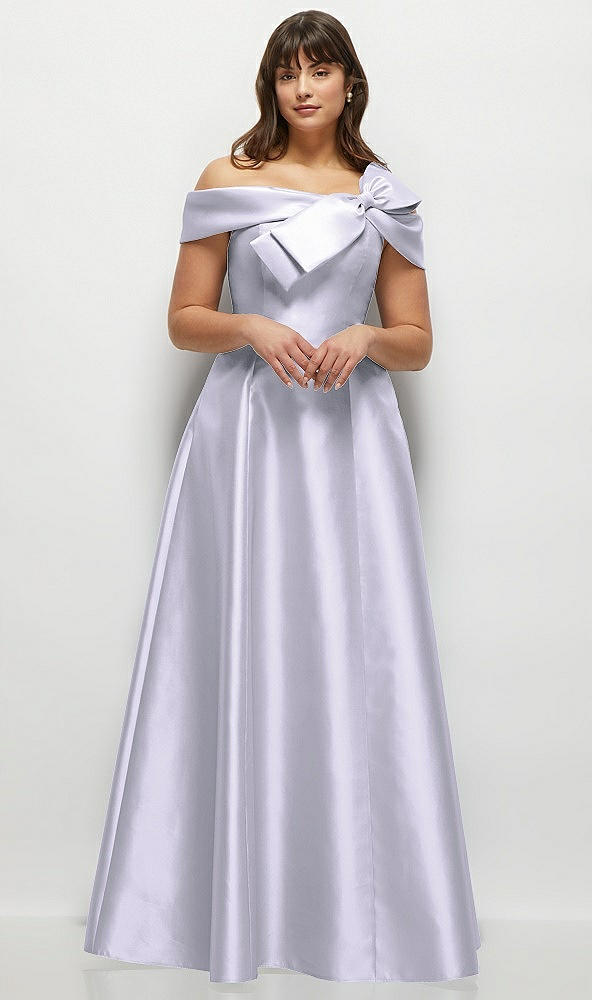 Front View - Silver Dove Asymmetrical Bow Off-Shoulder Satin Gown with Ballroom Skirt