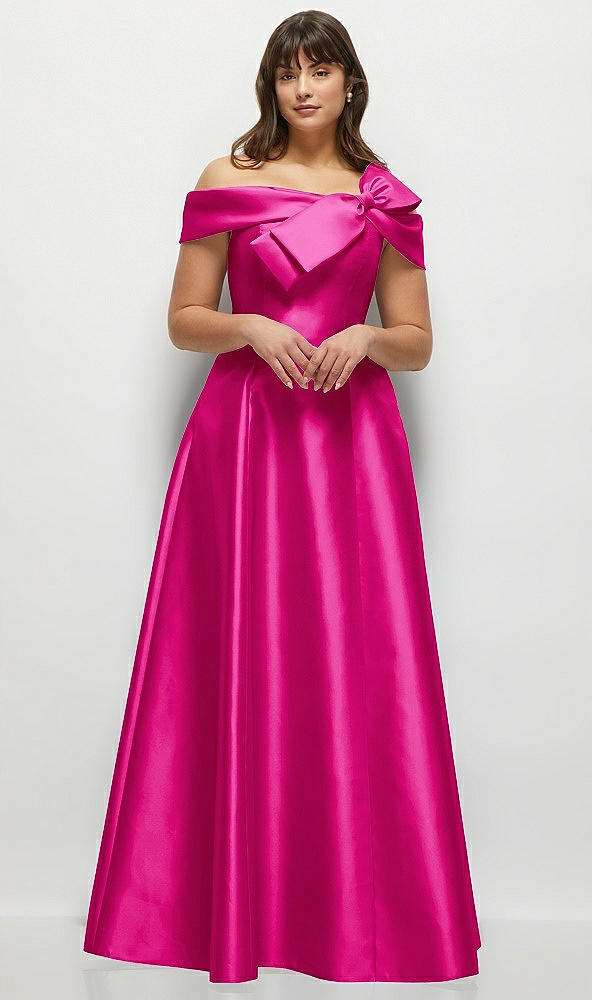 Front View - Think Pink Asymmetrical Bow Off-Shoulder Satin Gown with Ballroom Skirt