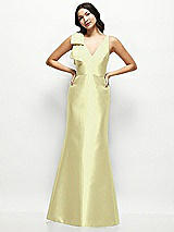 Front View Thumbnail - Butter Yellow Deep V-back Satin Trumpet Dress with Cascading Bow at One Shoulder