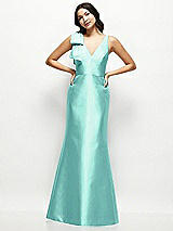 Front View Thumbnail - Coastal Deep V-back Satin Trumpet Dress with Cascading Bow at One Shoulder