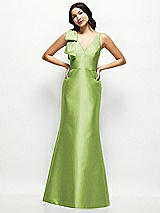 Front View Thumbnail - Mojito Deep V-back Satin Trumpet Dress with Cascading Bow at One Shoulder