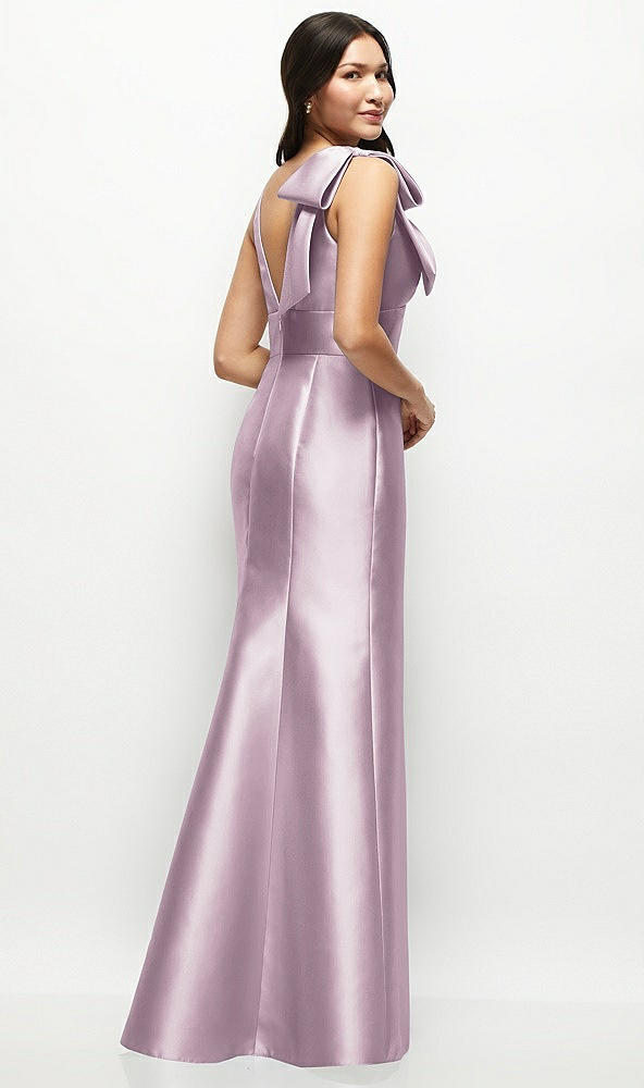 Back View - Suede Rose Deep V-back Satin Trumpet Dress with Cascading Bow at One Shoulder