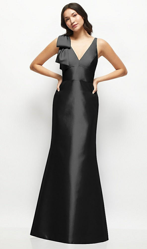 Front View - Black Deep V-back Satin Trumpet Dress with Cascading Bow at One Shoulder