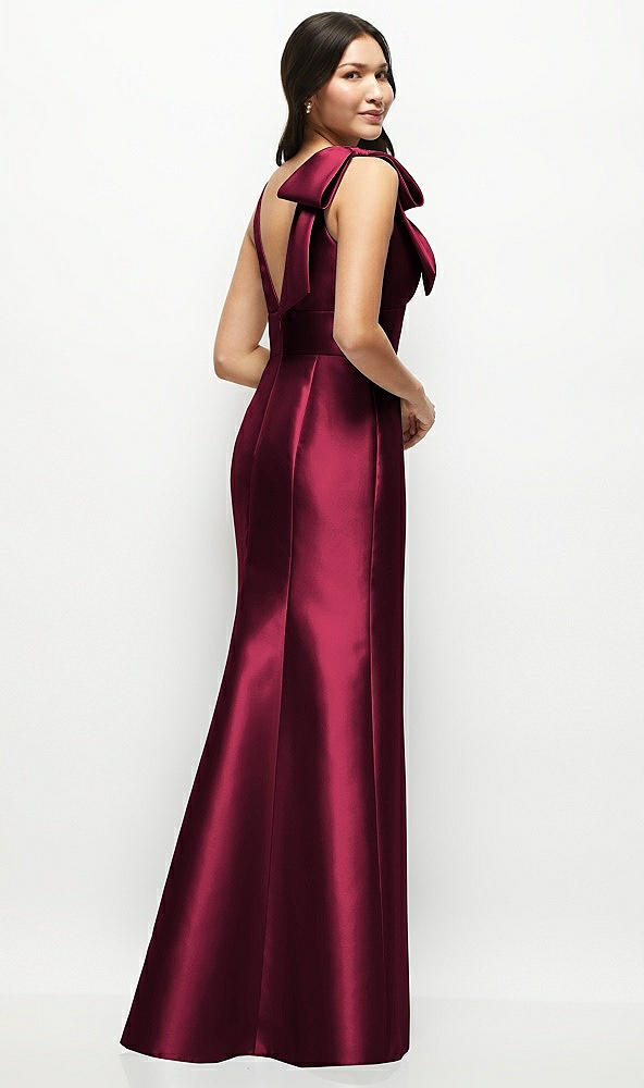 Back View - Cabernet Deep V-back Satin Trumpet Dress with Cascading Bow at One Shoulder