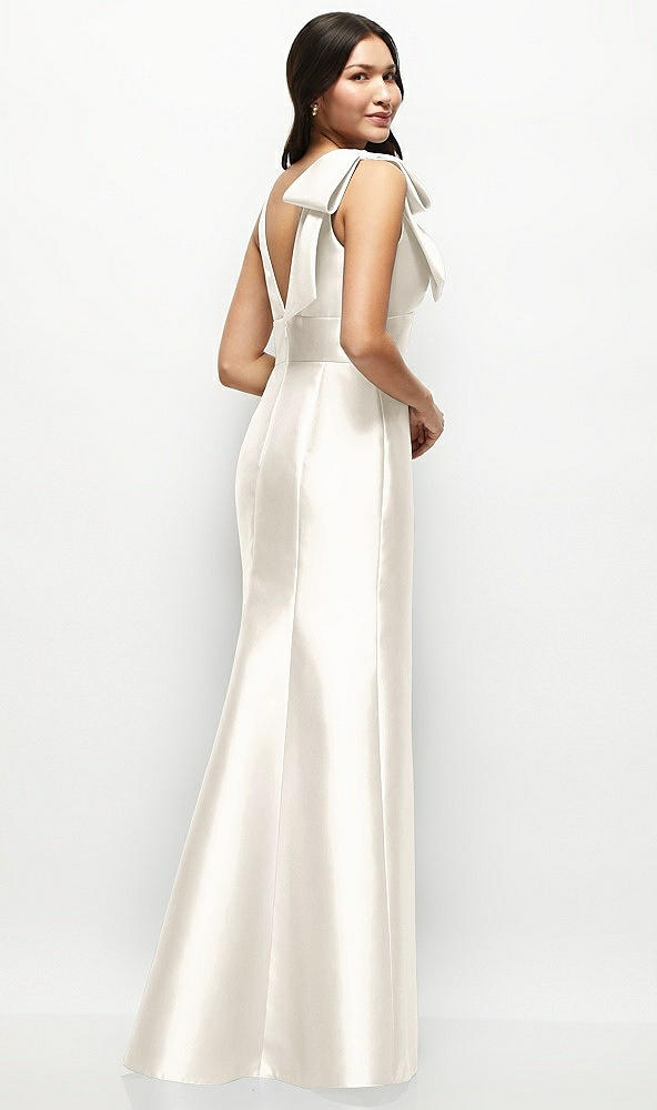 Back View - Ivory Deep V-back Satin Trumpet Dress with Cascading Bow at One Shoulder