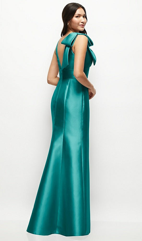 Back View - Jade Deep V-back Satin Trumpet Dress with Cascading Bow at One Shoulder