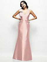 Front View Thumbnail - Rose - PANTONE Rose Quartz Deep V-back Satin Trumpet Dress with Cascading Bow at One Shoulder