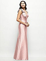 Side View Thumbnail - Rose - PANTONE Rose Quartz Deep V-back Satin Trumpet Dress with Cascading Bow at One Shoulder