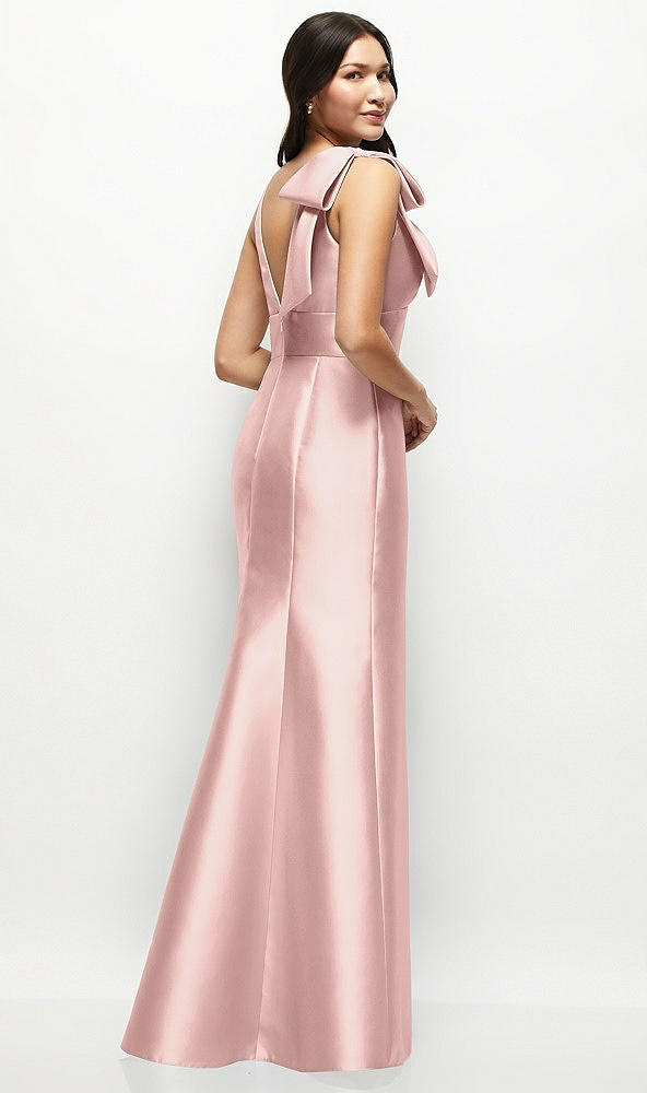 Back View - Rose - PANTONE Rose Quartz Deep V-back Satin Trumpet Dress with Cascading Bow at One Shoulder