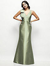 Front View Thumbnail - Sage Deep V-back Satin Trumpet Dress with Cascading Bow at One Shoulder