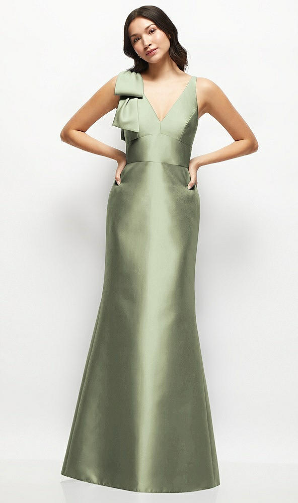 Front View - Sage Deep V-back Satin Trumpet Dress with Cascading Bow at One Shoulder