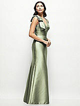 Side View Thumbnail - Sage Deep V-back Satin Trumpet Dress with Cascading Bow at One Shoulder