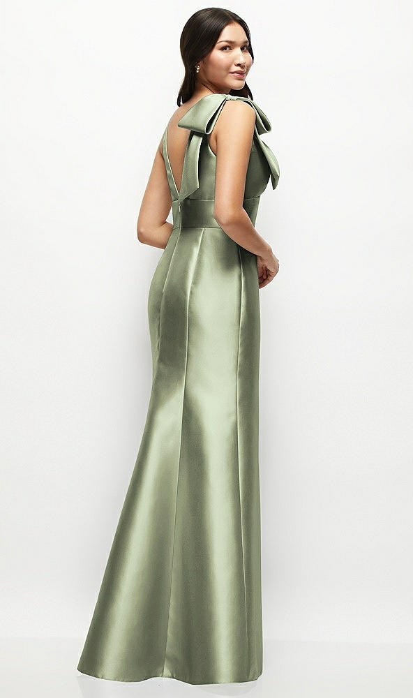 Back View - Sage Deep V-back Satin Trumpet Dress with Cascading Bow at One Shoulder