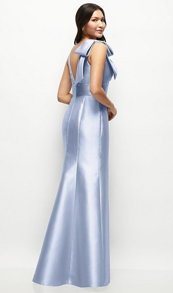 Back View - Sky Blue Deep V-back Satin Trumpet Dress with Cascading Bow at One Shoulder