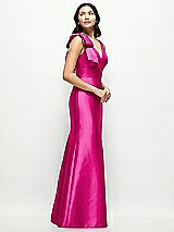 Side View Thumbnail - Think Pink Deep V-back Satin Trumpet Dress with Cascading Bow at One Shoulder