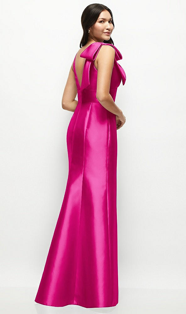 Back View - Think Pink Deep V-back Satin Trumpet Dress with Cascading Bow at One Shoulder