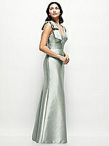 Side View Thumbnail - Willow Green Deep V-back Satin Trumpet Dress with Cascading Bow at One Shoulder