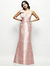 Front View Thumbnail - Bow And Blossom Print Deep V-back Floral Satin Trumpet Dress with One-Shoulder Cascading Bow