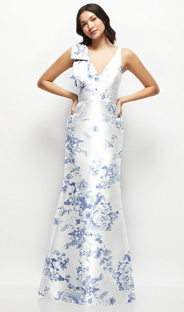 Front View - Cottage Rose Larkspur Deep V-back Floral Satin Trumpet Dress with One-Shoulder Cascading Bow