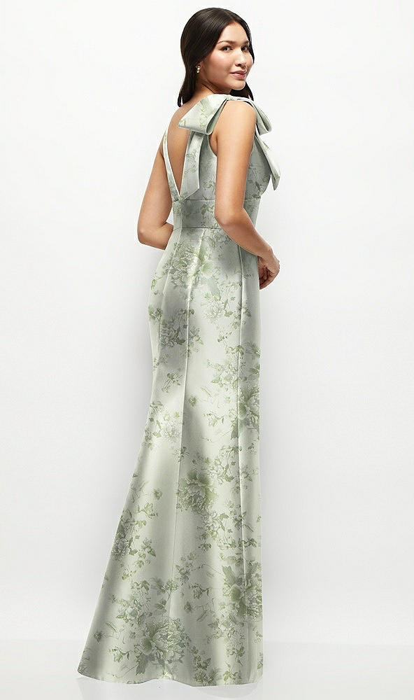 Back View - Sage Cottage Rose Deep V-back Floral Satin Trumpet Dress with One-Shoulder Cascading Bow