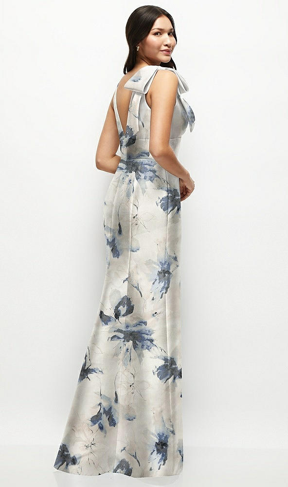 Back View - Inkwash Blue Floral Deep V-back Floral Satin Trumpet Dress with One-Shoulder Cascading Bow