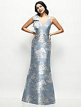 Front View Thumbnail - Porcelain Blue Seraphina Floral Deep V-back Floral Satin Trumpet Dress with One-Shoulder Cascading Bow