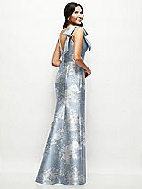 Rear View Thumbnail - Porcelain Blue Seraphina Floral Deep V-back Floral Satin Trumpet Dress with One-Shoulder Cascading Bow