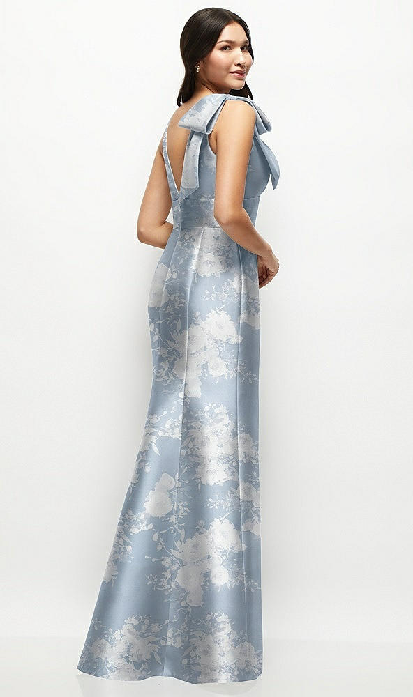 Back View - Porcelain Blue Seraphina Floral Deep V-back Floral Satin Trumpet Dress with One-Shoulder Cascading Bow