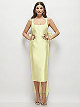 Front View Thumbnail - Butter Yellow Scoop Neck Corset Satin Midi Dress with Floor-Length Bow Tails