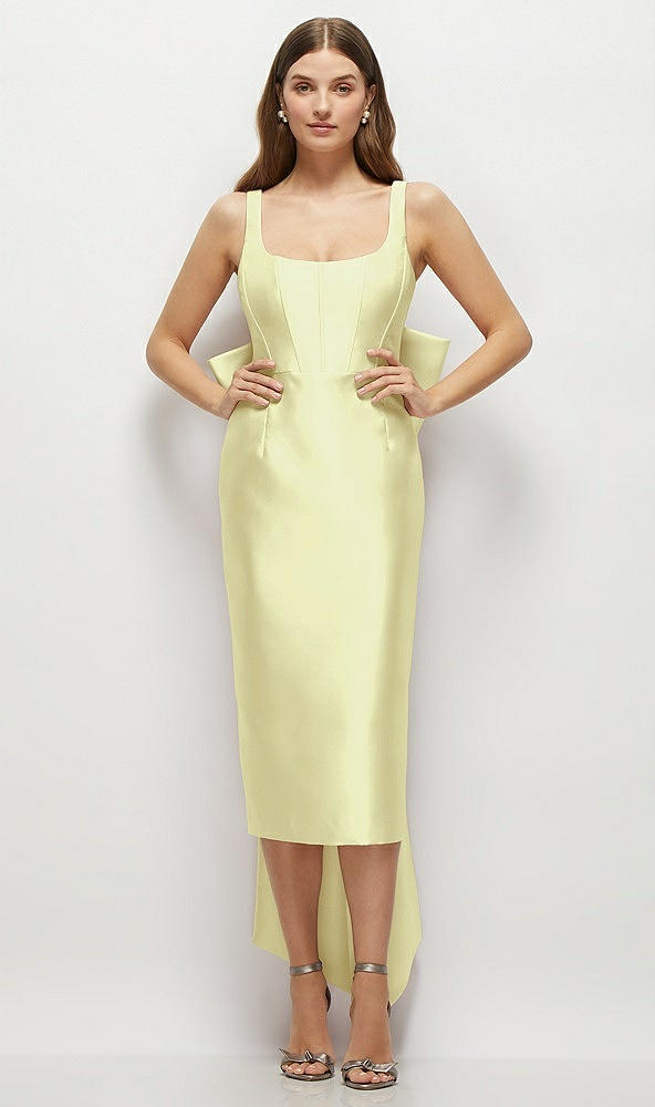 Front View - Butter Yellow Scoop Neck Corset Satin Midi Dress with Floor-Length Bow Tails