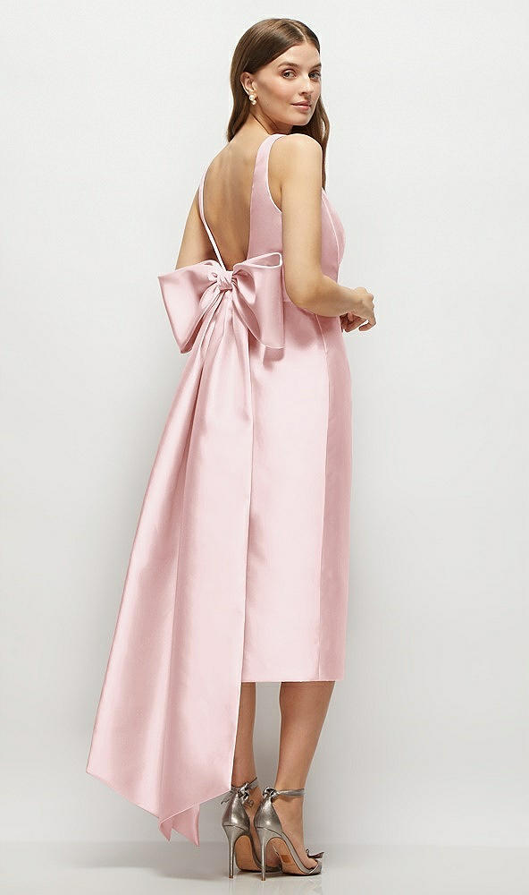 Back View - Ballet Pink Scoop Neck Corset Satin Midi Dress with Floor-Length Bow Tails