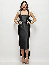 Front View Thumbnail - Black Scoop Neck Corset Satin Midi Dress with Floor-Length Bow Tails