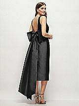 Rear View Thumbnail - Black Scoop Neck Corset Satin Midi Dress with Floor-Length Bow Tails