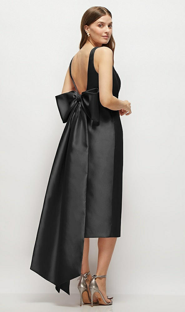 Back View - Black Scoop Neck Corset Satin Midi Dress with Floor-Length Bow Tails